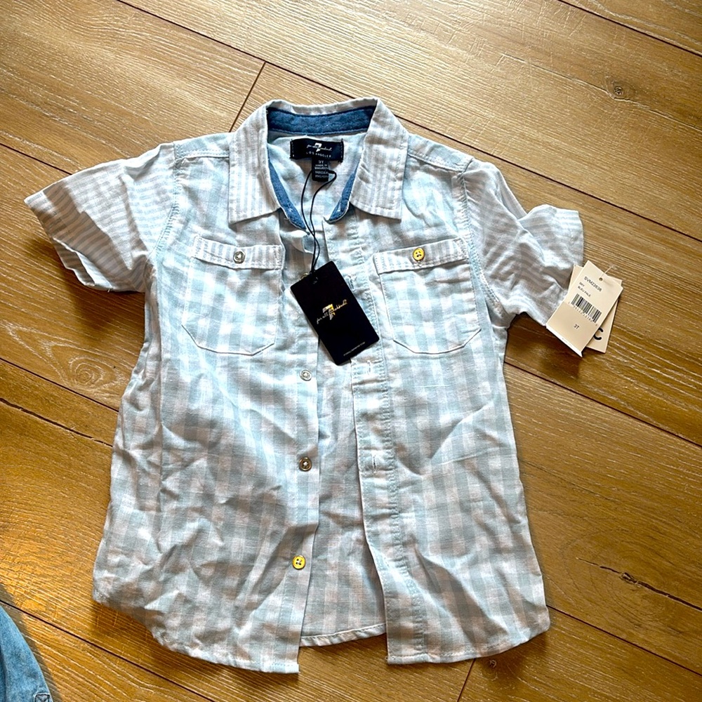Gingham 3T Farmhouse Light Blue White Shortsleeved Button Down Shirt